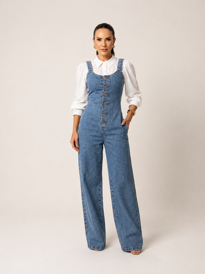 Look completo com macacão jeans wide leg feminino Alenice