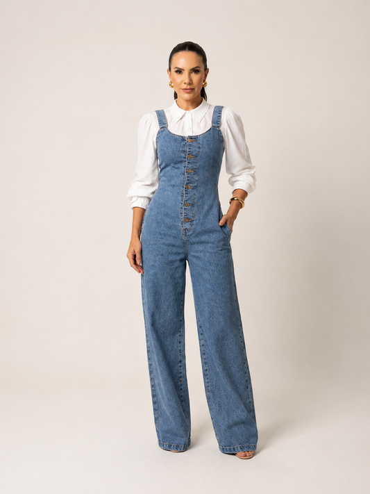 Look completo com macacão jeans wide leg feminino Alenice