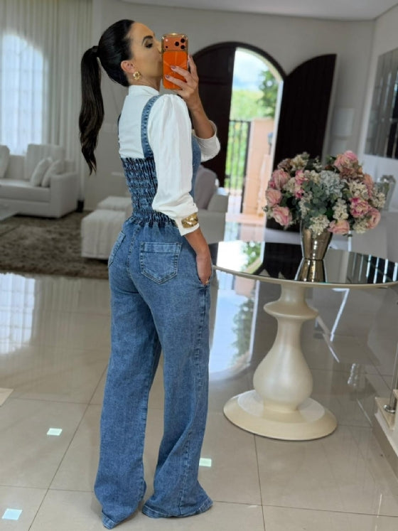 Macacão jeans wide leg feminino Alenice, caimento pantalona — Grassa Boutique