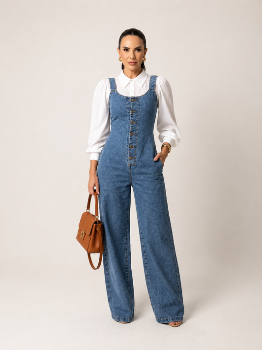Macacão jeans wide leg feminino Alenice com brinde