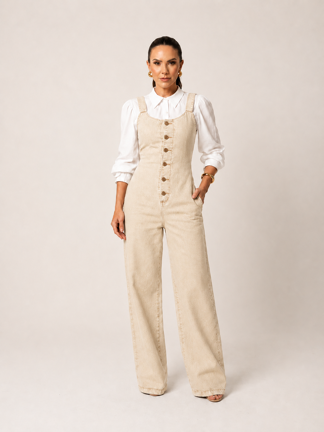 Macacão Jeans Wide Leg Alenice + Camisa Linho