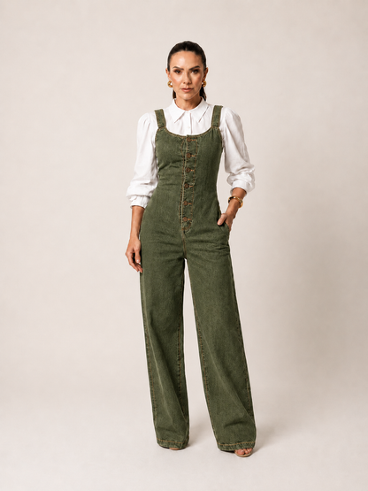 Macacão Jeans Wide Leg Alenice + Camisa Linho