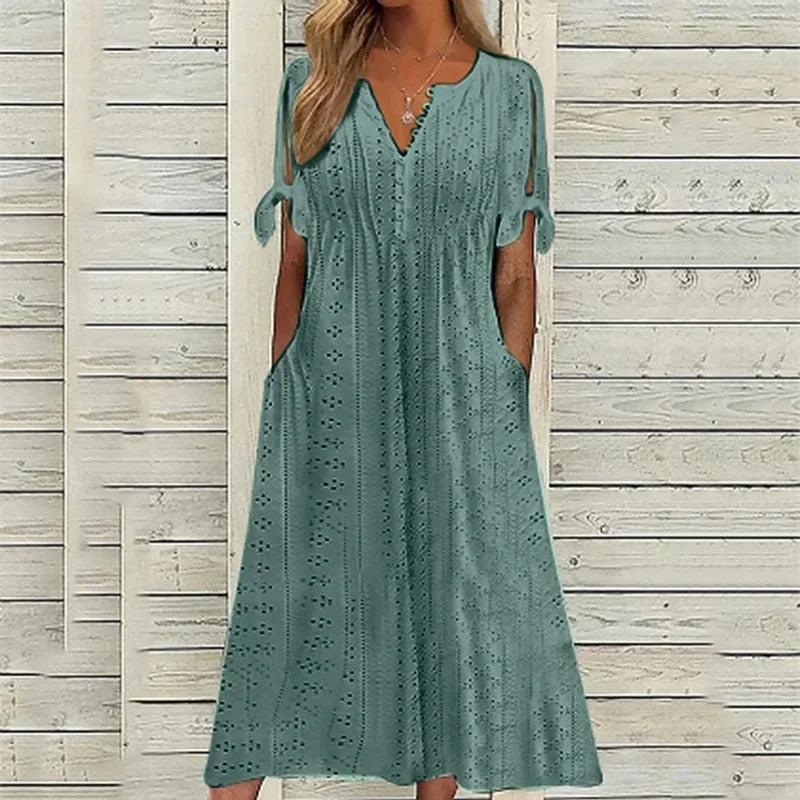 Vestido de Renda Jana - Gola em V de Manga Curta (Verão 2026)
