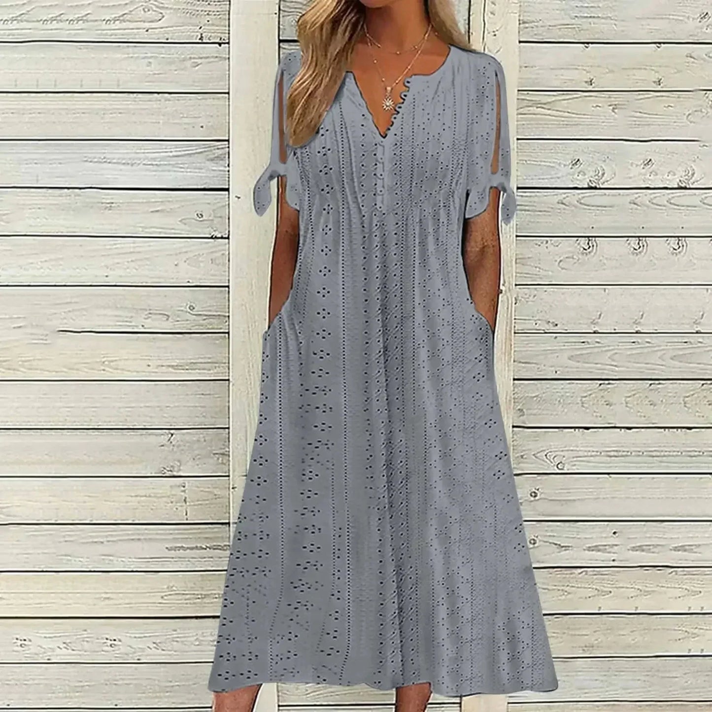 Vestido de Renda Jana - Gola em V de Manga Curta (Verão 2026)