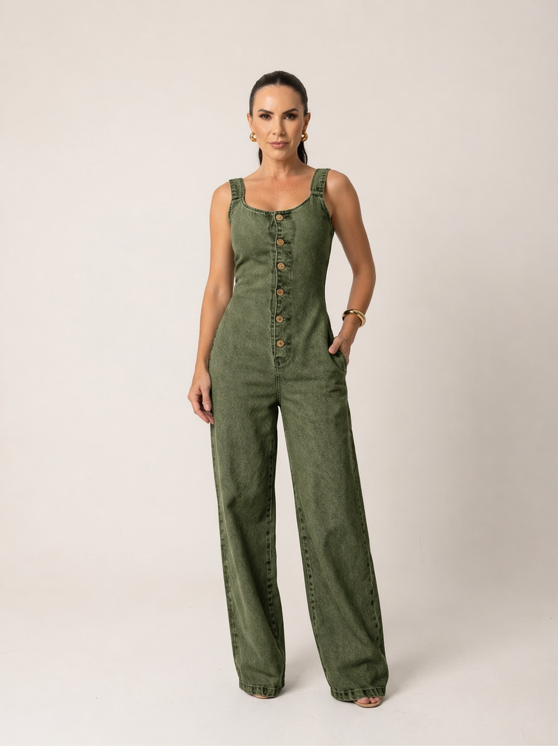 Macacão jeans wide leg feminino Alenice, look completo — Grassa Boutique