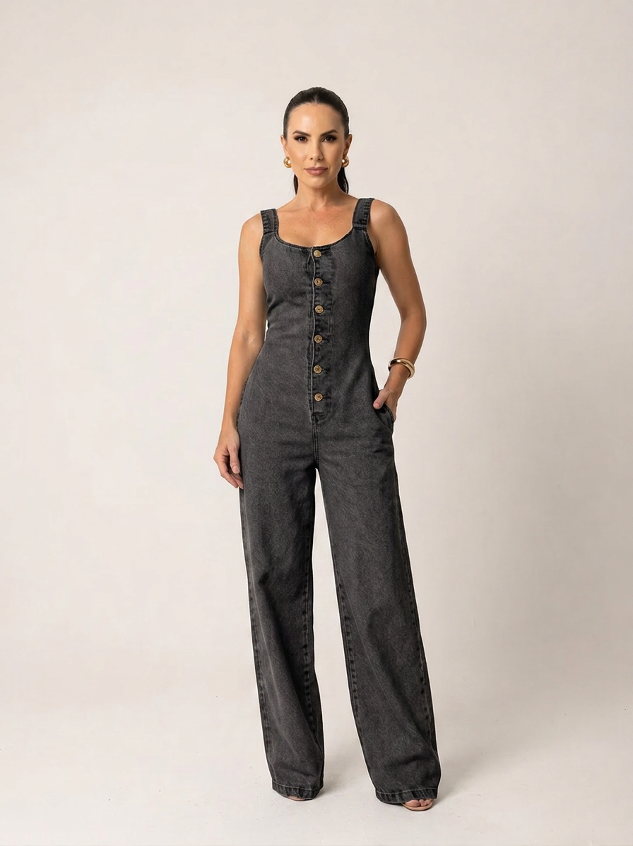 Macacão jeans wide leg feminino Alenice, detalhe da modelagem — Grassa Boutique