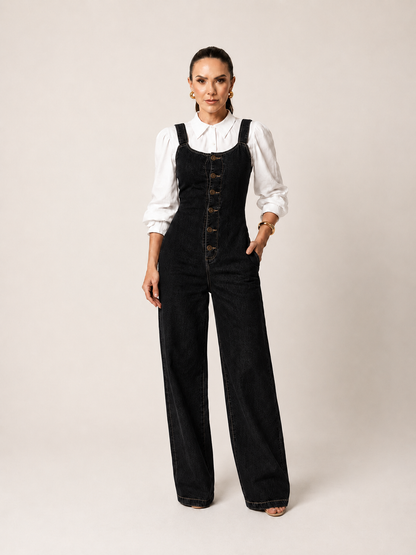 Macacão Jeans Wide Leg Alenice + Camisa Linho