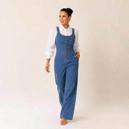Macacão jeans wide leg feminino Alenice em caimento pantalona